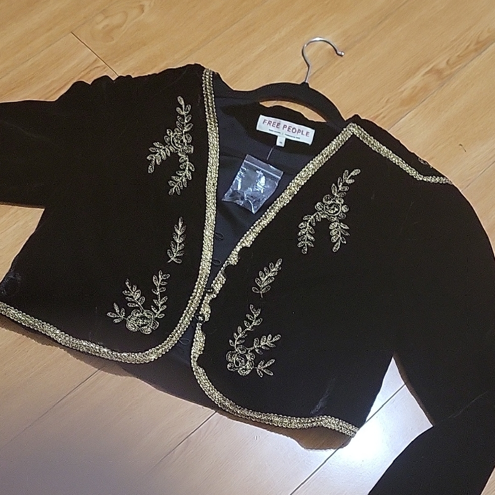 Free People Black and Gold Embroidered Velvet Jacket - Picture 8 of 15
